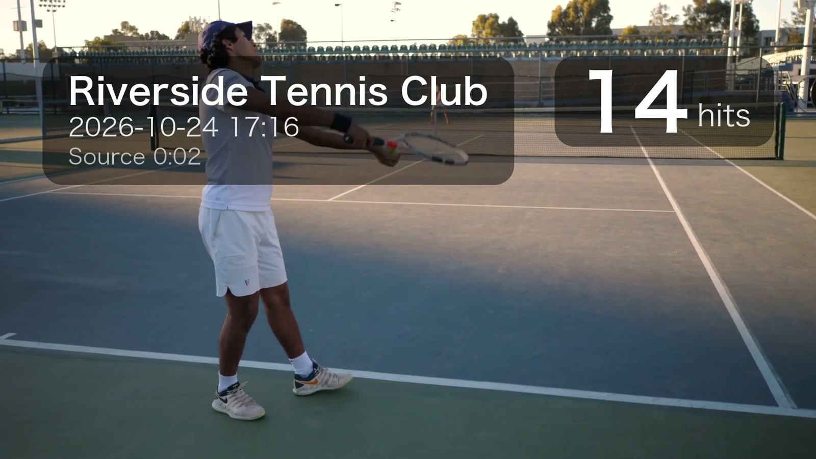 A tennis rally frame with the corner label enlarged: hit count, venue, wall clock and the source timestamp of that rally.